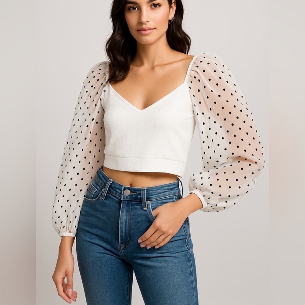 ZARA Bubble Sleeve Sheer Crop Top – White Black Dot Mesh – Size XS – Chic
